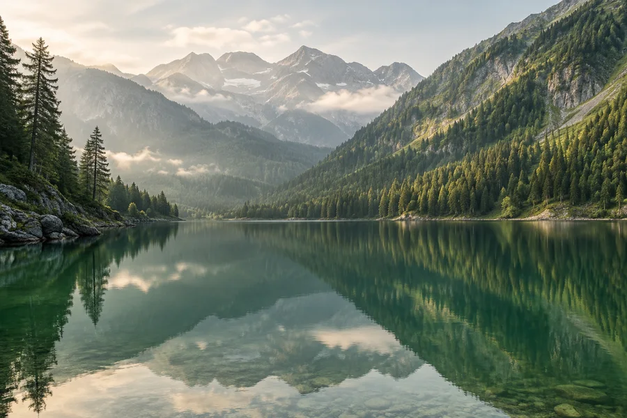 AI-generated example image: alpine lake with forested slopes